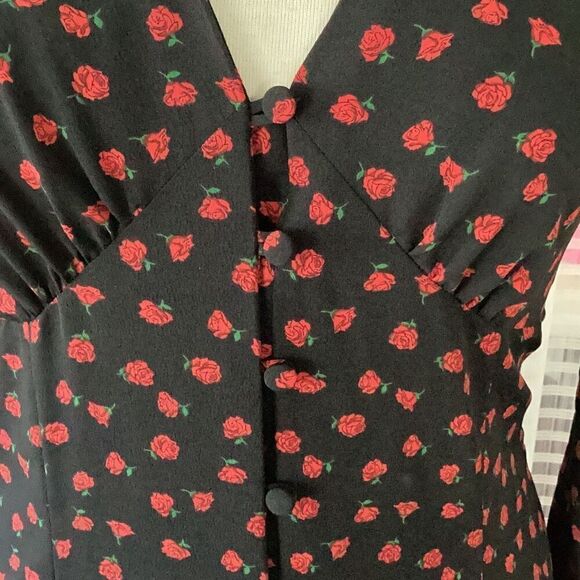NWT TOPSHOP Ditzy Rose Button Front Midi Prairie Dress Women’s 8 Black Red - Picture 6 of 13